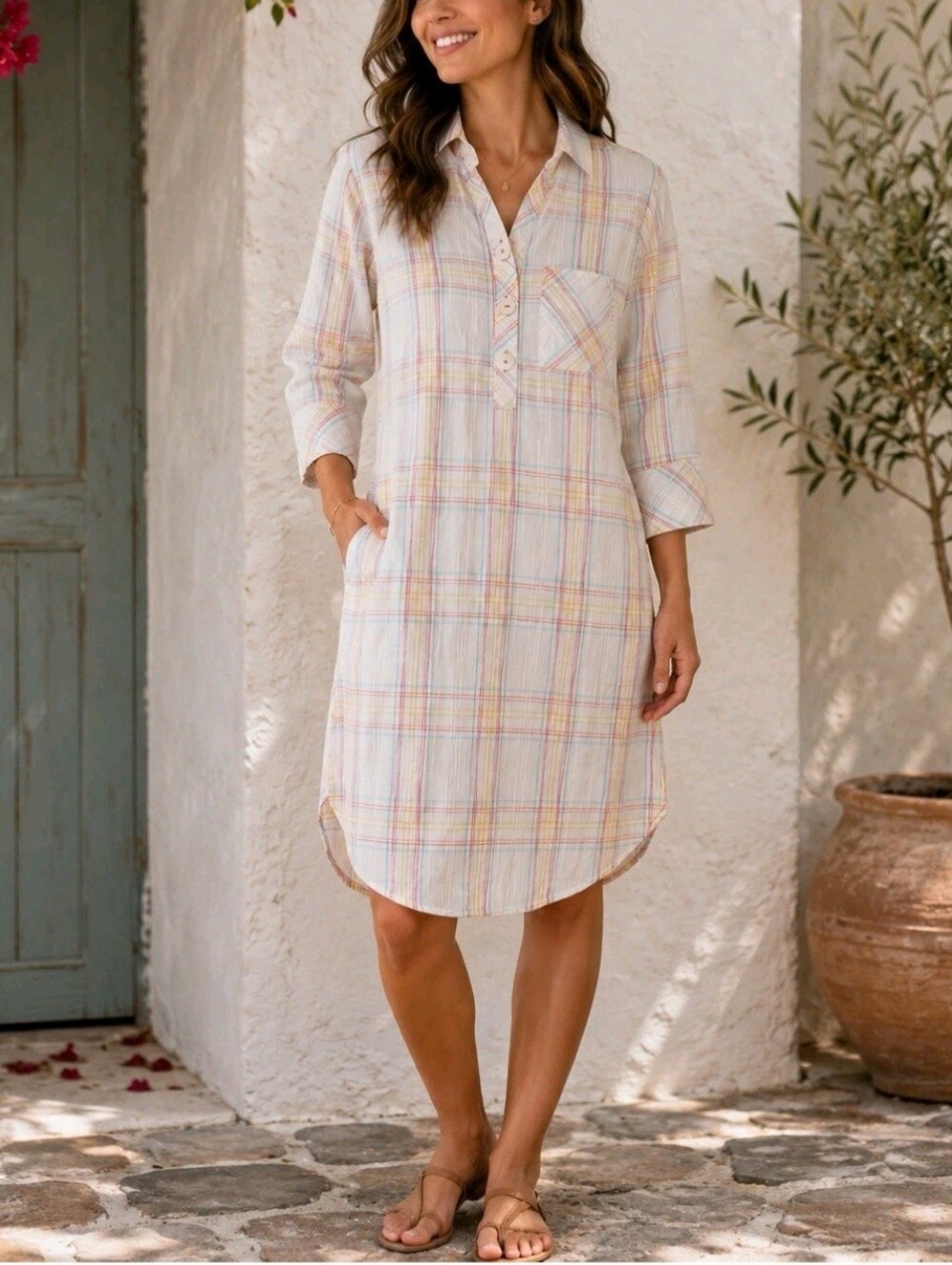 Foxcroft Delaney crinkle plaid shirt dress 3/4 sleeves Sz Plus 18W Pocket Pastel